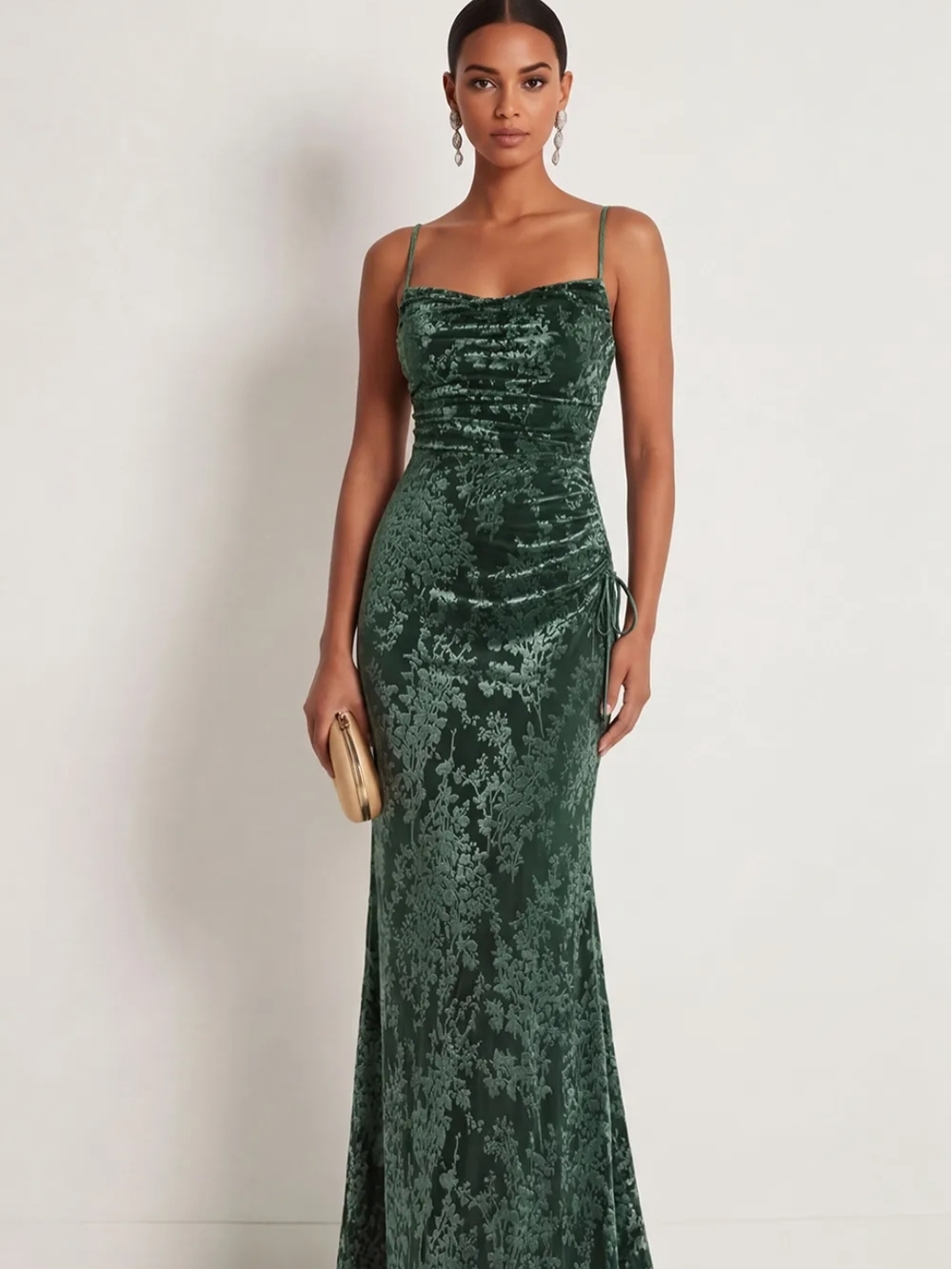 Forest Green Velvet Maxi Dress with Spaghetti Straps